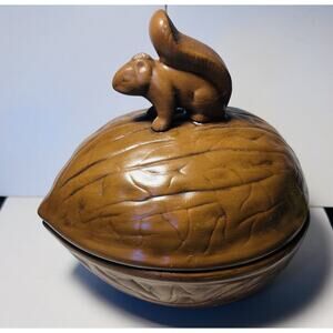 VTG Holland Mold Hand Painted Ceramic Squirrel on Acorn Nut Candy Bowl Signed 70